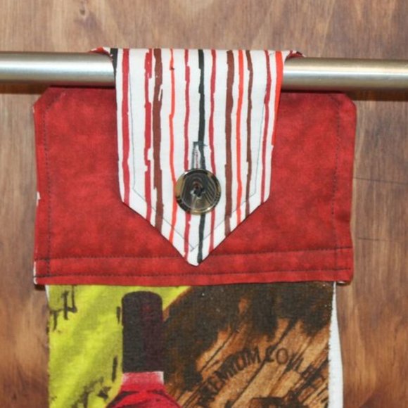 WINE RED & BLACK TOWEL RED STRIPED HANDMADE HANGING KITCHEN BUTTON CLOSURE - Picture 2 of 3